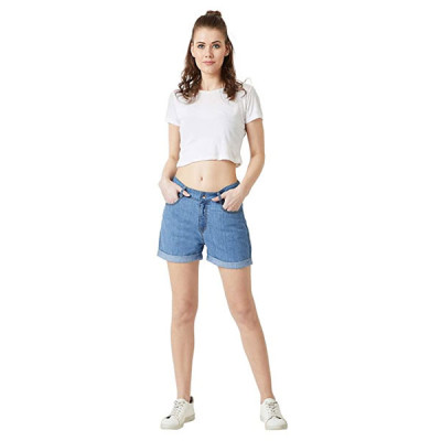 Women's Blue Relaxed Fit Clean Look Regular Length Mid Rise Shorts
